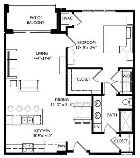 Floor plan for 1 bed, 1 bath, 956 sqft